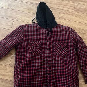 Men's Red and Black Plaid Hooded Jacket
